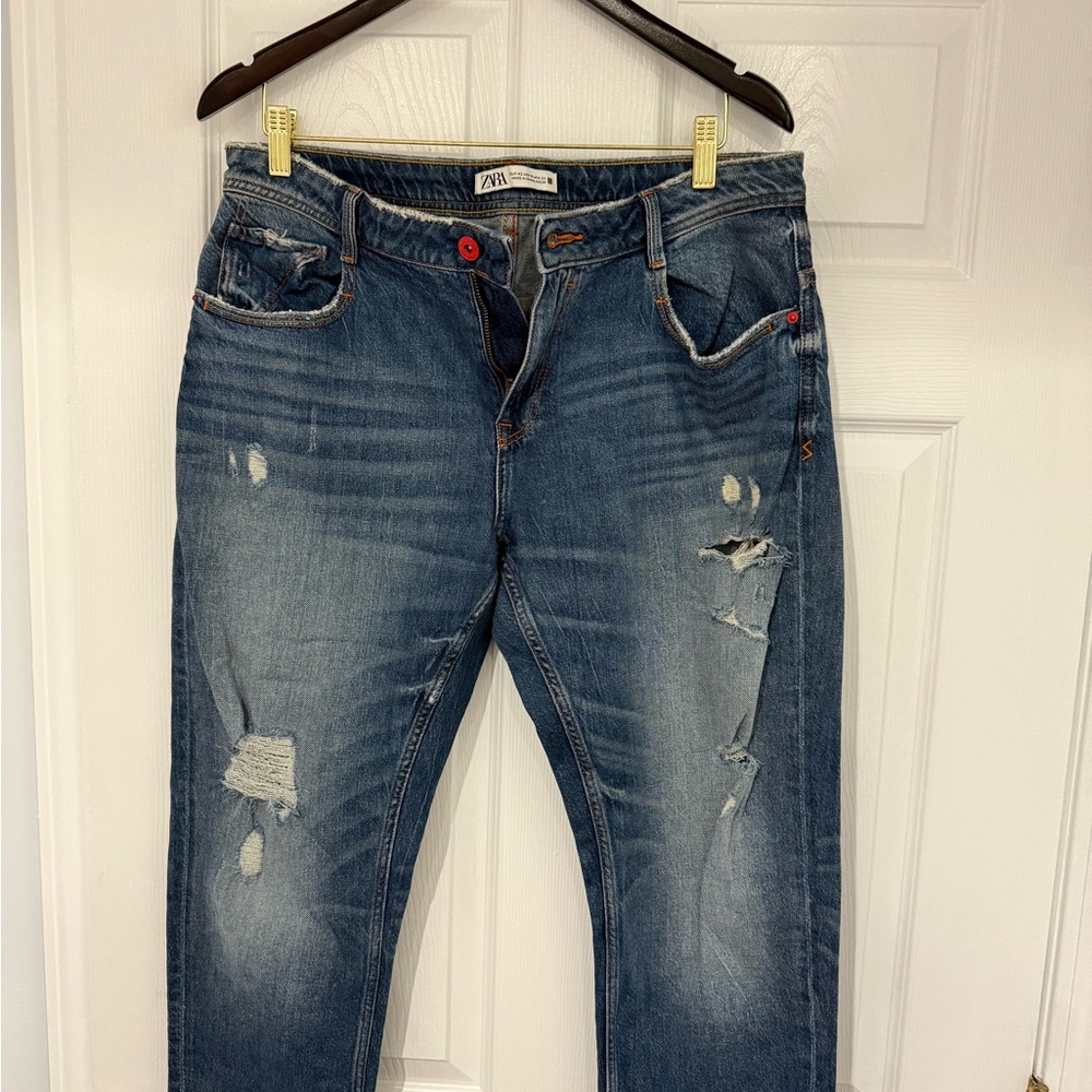 Zara Women's Blue Distressed Boyfriend Jeans